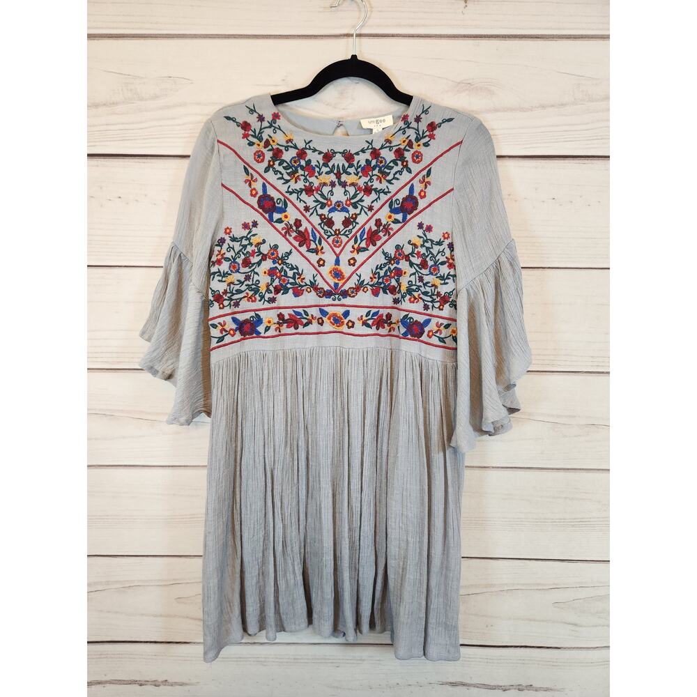 Umgee Women's Gray Embroidered Short Bell Sleeves Peasant Mini Dress Size Small